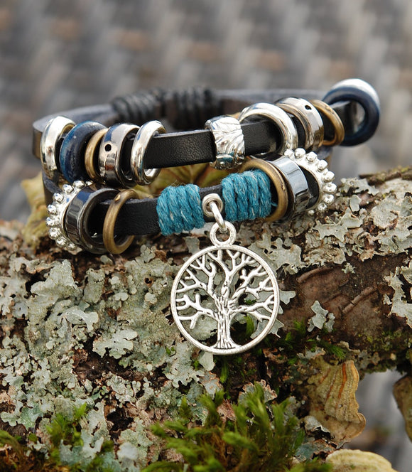 Tribe-BRAC-3-TREE1 Black Leather Bracelet with Blue and Celtic Tree of Life