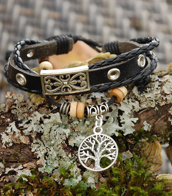 Tribe-BRAC-5-FTree Black Leather Bracelet with Tree of Life