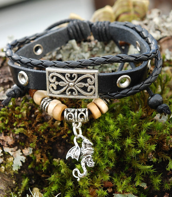 Tribe-BRAC-5-Drag1 Black Leather Bracelet with Celtic Dragon
