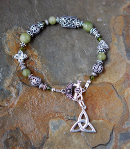CONN-09 Three Celtic Knots Connemara Marble Bracelet with Toggle