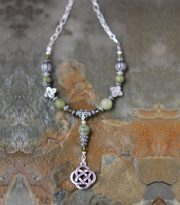 CONN-31 Connemara Marble Necklace with Round Knot Drop