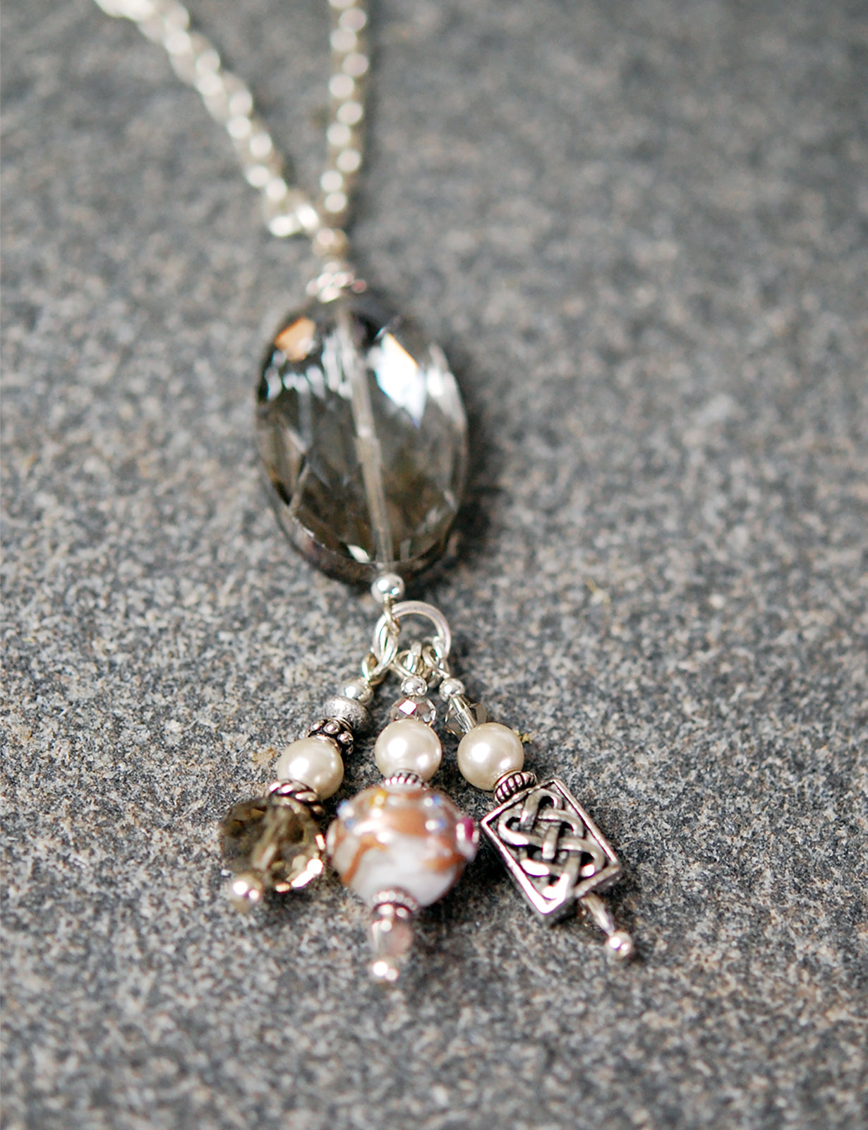 Dove Grey Oval Crystal Long Pendant