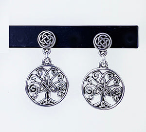 Cru-Stud10 Round Celtic Knot Post Earrings with Trinity Knot Tree of Life Drop