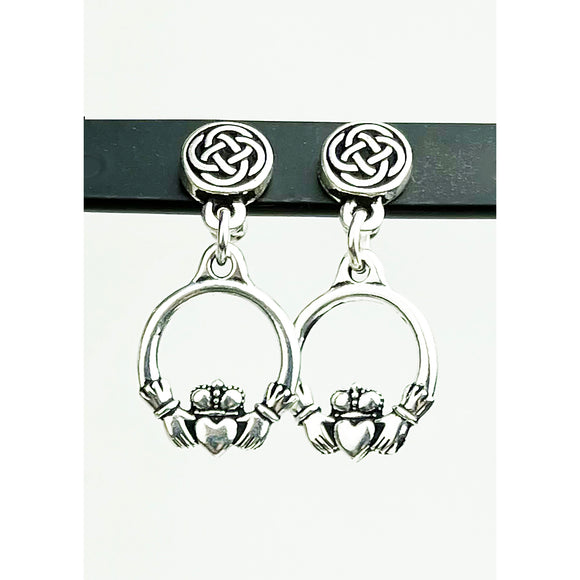 Cru-Stud02 Round Celtic Knot Post Earrings with Claddagh Drop