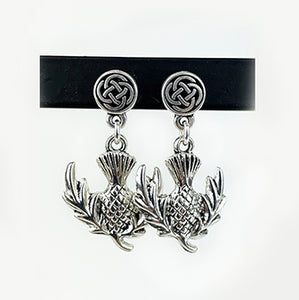 Cru-Stud08 Round Celtic Knot Post Earrings with Scottish Thistle Drop