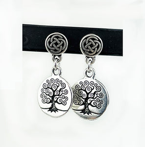 Cru-Stud09 Round Celtic Knot Post Earrings with Solid Tree of Life Drop
