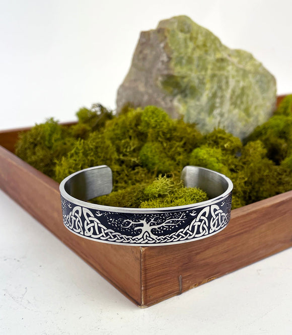 DM-BRAC-028  Men's Stainless Steel Cuff Bracelet with Celtic Tree of Life