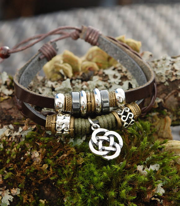 Tribe-BRAC-2-RD1 Expresso Leather Bracelet with Round Celtic Lughs Knot